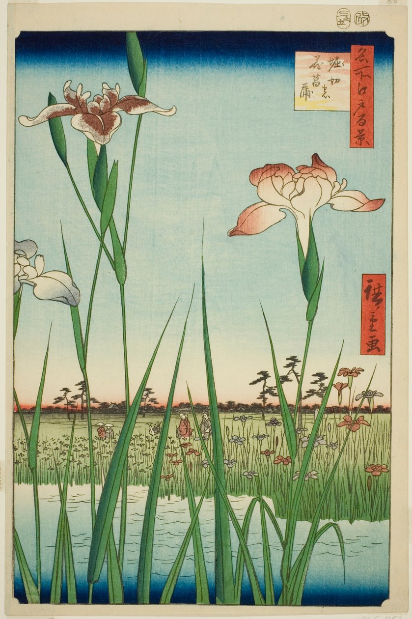 Schwertlilien bei Horikiri, aus der Serie "Hundert berühmte Ansichten von Edo" von Utagawa Hiroshige