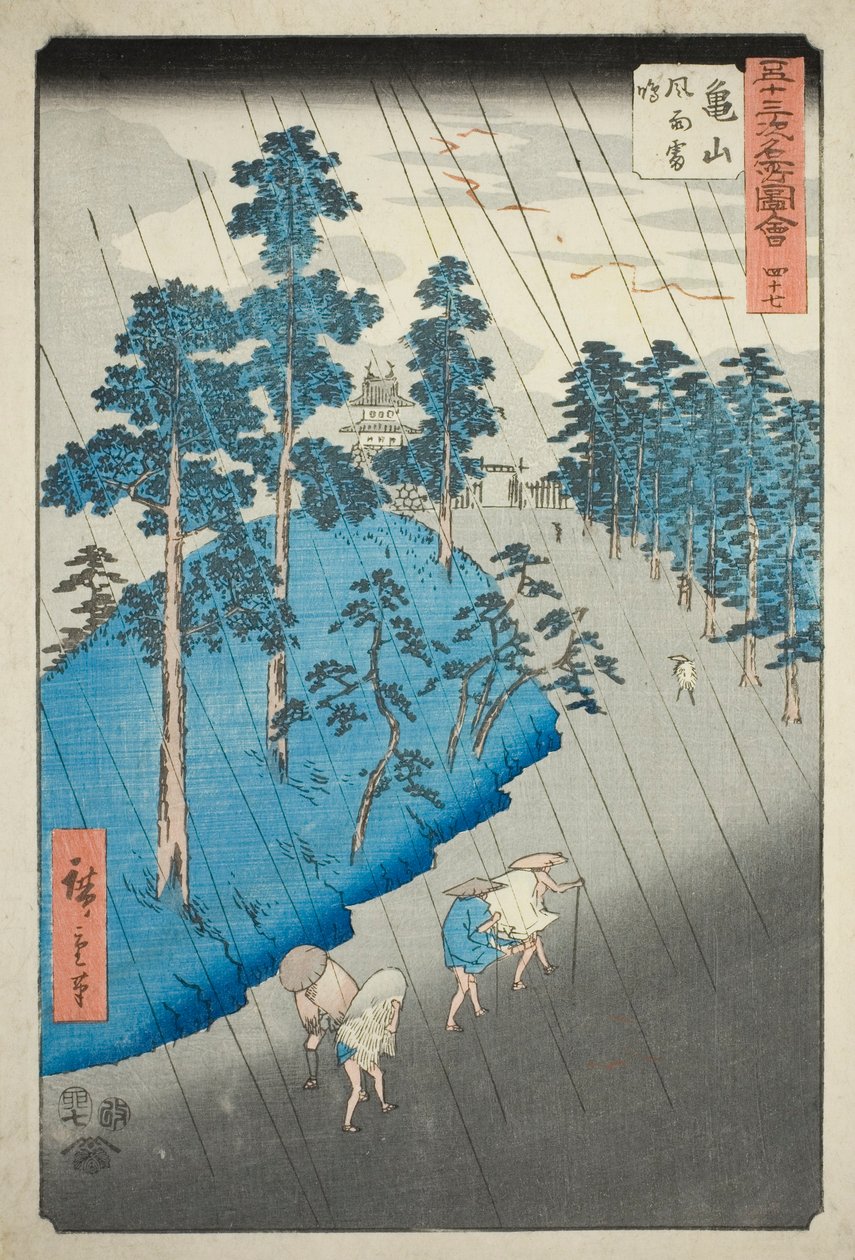 Kameyama: Wind, Regen und Donner, Nr. 47 aus der Serie "Berühmte Ansichten der dreiundfünfzig Stationen" von Utagawa Hiroshige