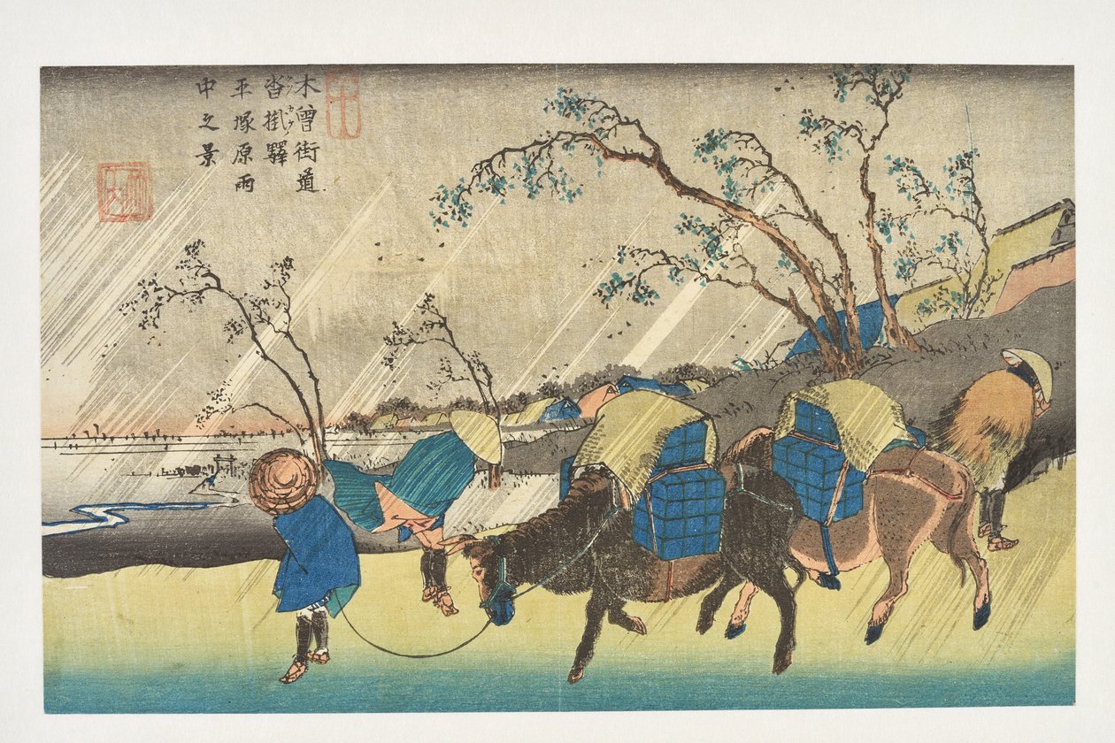 Kutsukake: Ansicht des Regens über der Hiratsuka-Ebene aus der Serie „Die 69 Stationen des Kisokaidō“ von Utagawa Hiroshige