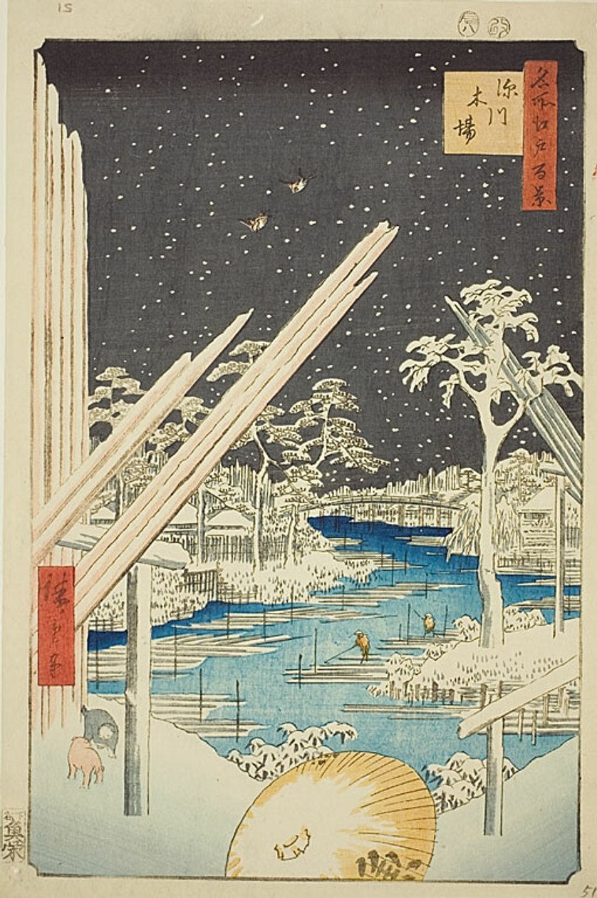 Holzlager in Fukagawa (Fukagawa kiba), mit dunklem Himmel, Nr. 106 aus der Serie "Hundert berühmte Ansichten von Edo (Meisho Edo hyakkei)" von Utagawa Hiroshige