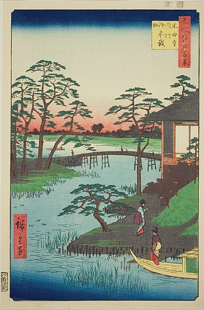 Mokubo-Tempel, Uchigawa-Bucht, Gozensaihata, Nr.92 aus der Serie "Hundert berühmte Ansichten von Edo (Meisho Edo hyakkei)" von Utagawa Hiroshige