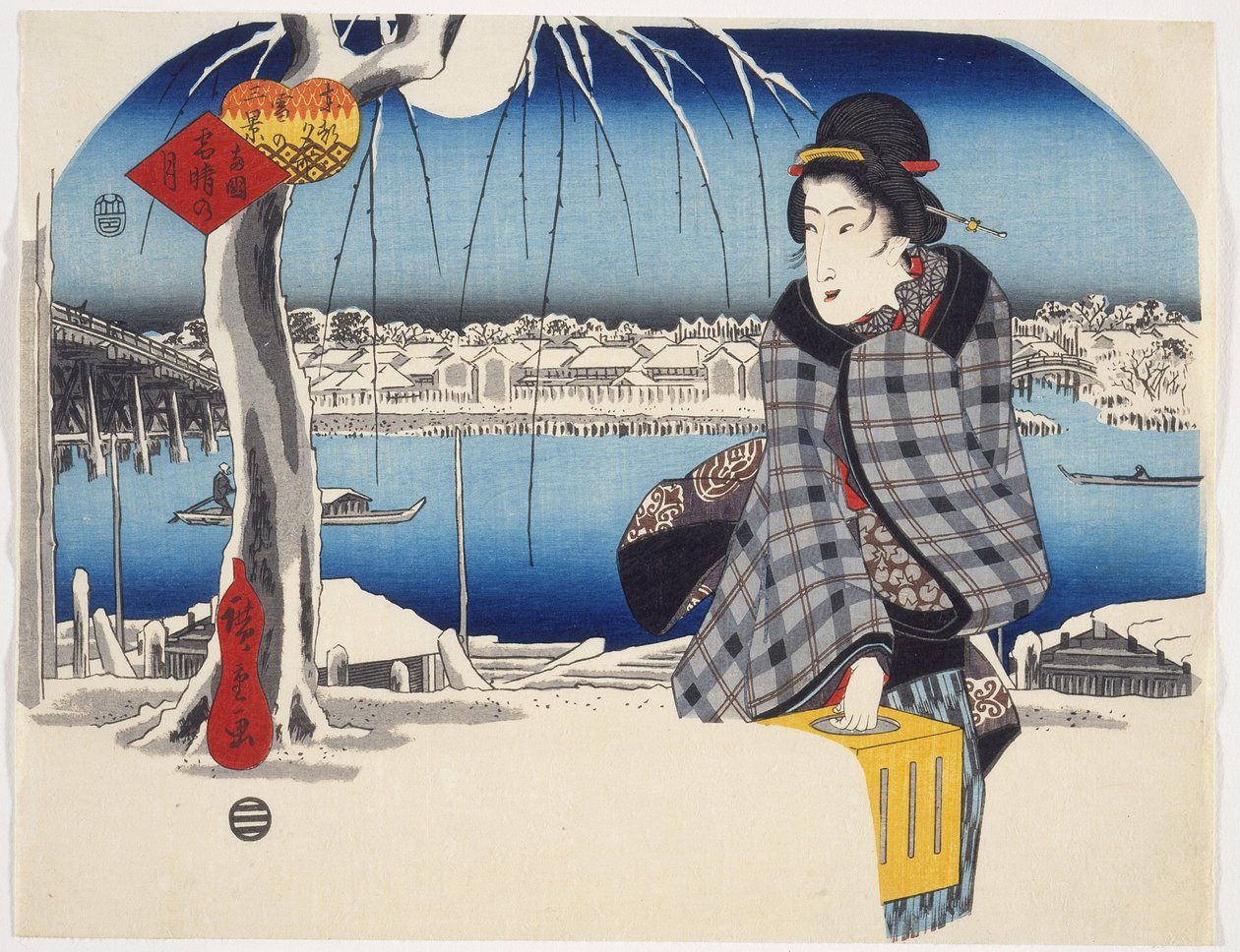 Mond nach Schnee in Rygoku aus der Serie Drei Ansichten von Schnee an berühmten Orten in der östlichen Hauptstadt, um 1840 von Utagawa Hiroshige