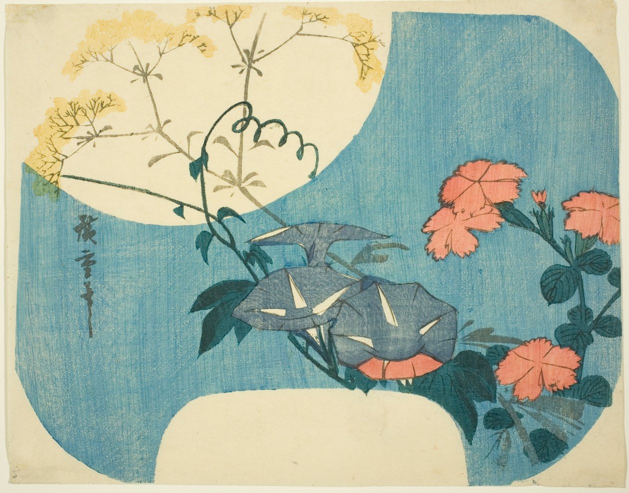 Morgenruhm, Nelken und Jungfernblume, aus der Serie "Sieben Herbstblumen im Mondlicht" von Utagawa Hiroshige