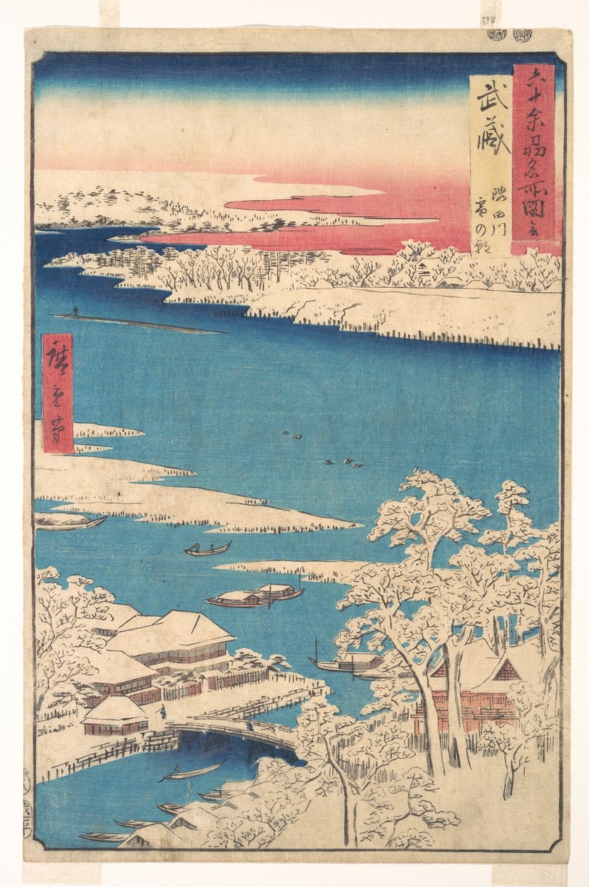 Morgen nach einem Schneefall, der Sumida-Fluss, Provinz Musashi, aus der Serie Ansichten berühmter Orte in den sechzig Provinzen von Utagawa Hiroshige