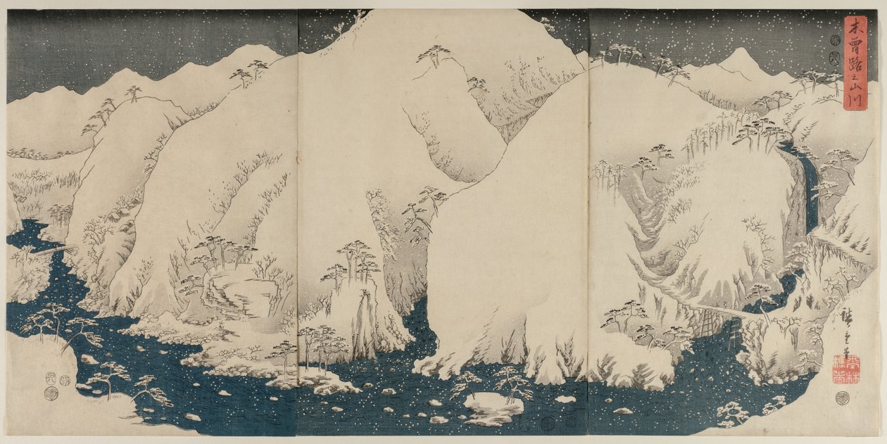 Berg und Fluss auf der Kiso-Straße von Utagawa Hiroshige