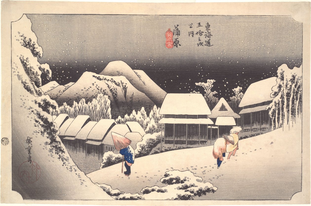 Nachtschnee in Kanbara, aus der Serie Dreiundfünfzig Stationen des Tōkaidō von Utagawa Hiroshige
