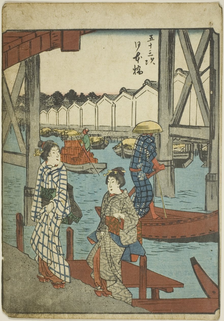 Nihon-Brücke (Nihonbashi), aus der Serie "Dreiundfünfzig Stationen [des Tokaido] (Gojusan tsugi)," auch bekannt als die Figuren-Tokaido (Jinbutsu Tokaido) von Utagawa Hiroshige