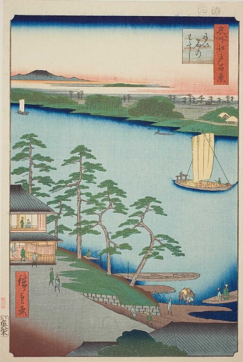 Niijuku-Fähre (Niijuku no watashi), Nr. 93 aus der Serie "Hundert berühmte Ansichten von Edo (Meisho Edo hyakkei)" von Utagawa Hiroshige