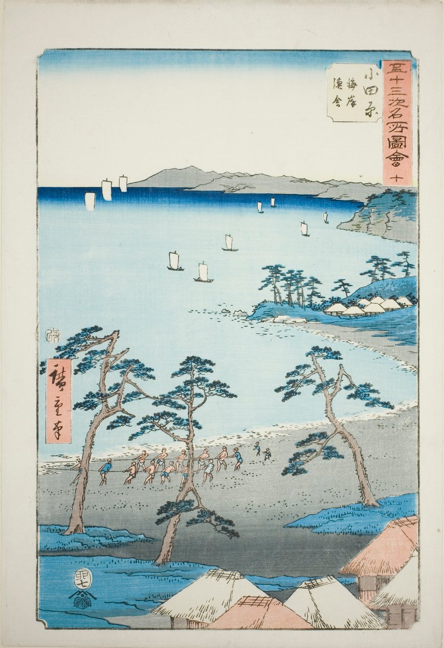 Odawara: Fischerhäuser am Strand (Odawara, kaigan gyosha), Nr. 10 aus der Serie "Berühmte Ansichten der dreiundfünfzig Stationen (Gojusan tsugi meisho zue)", auch bekannt als der Vertikale Tokaido von Utagawa Hiroshige