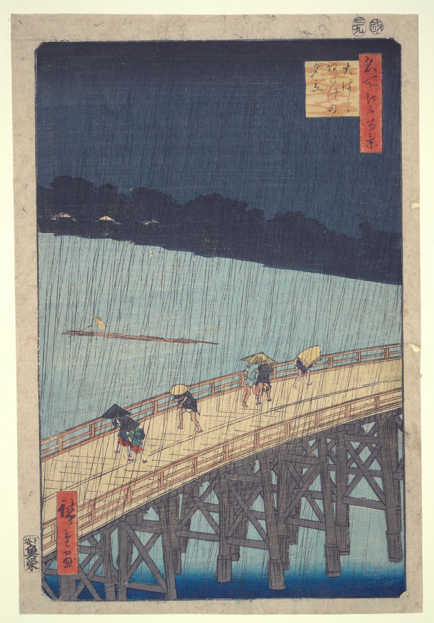 Ōhashi-Brücke, plötzlicher Regenschauer bei Atake, aus der Serie Hundert berühmte Ansichten von Edo von Utagawa Hiroshige