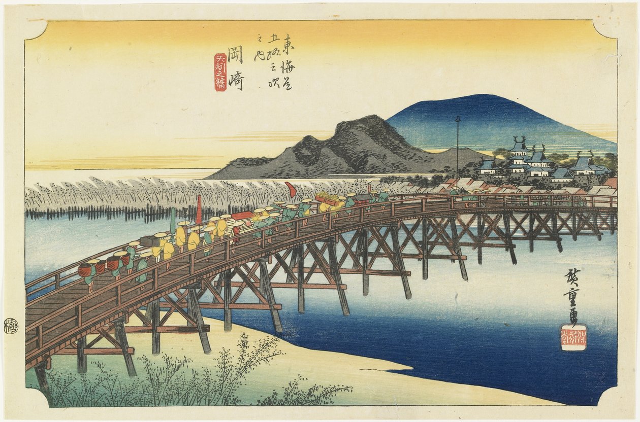 Okazaki--Yahagi-Brücke, um 1833 von Utagawa Hiroshige