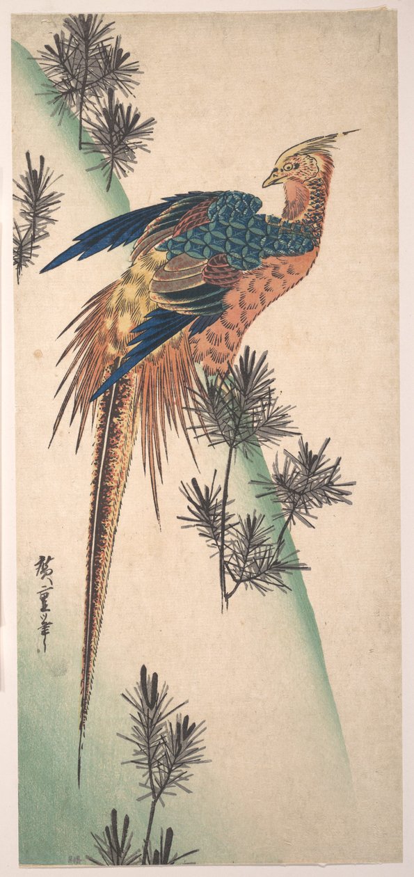 Fasan und Kiefern auf verschneitem Hügel von Utagawa Hiroshige