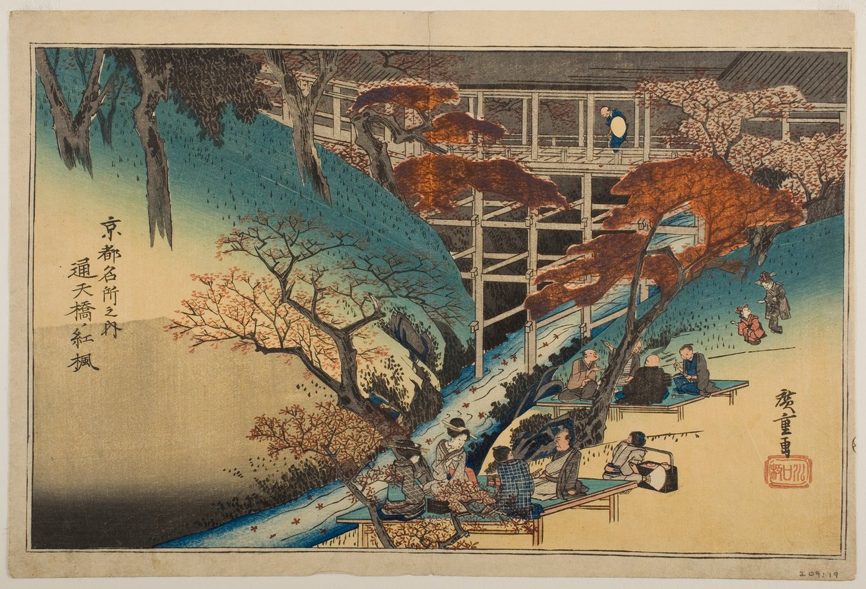 Rote Ahornbäume an der Tsūten-Brücke, aus der Serie „Berühmte Orte in Kyōto“ von Utagawa Hiroshige