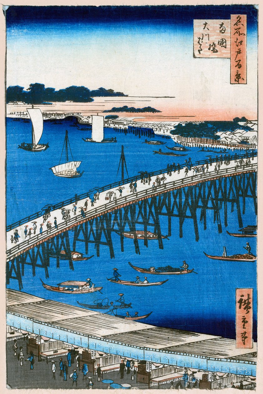 Flussufer an der Ryogoku-Brücke Hundert berühmte Ansichten von Edo, 1856-1858 von Utagawa Hiroshige