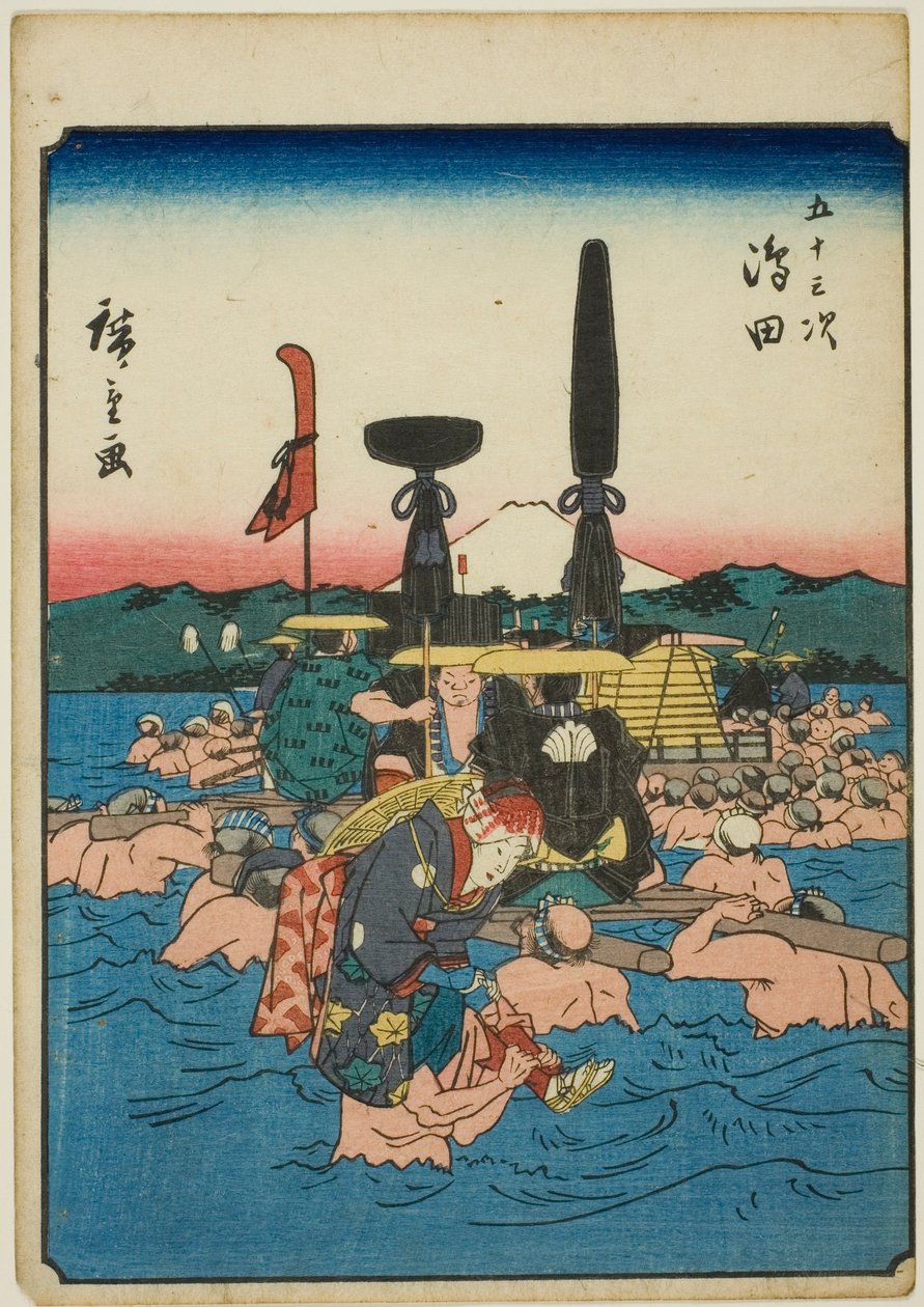 Shimada, aus der Serie "Dreiundfünfzig Stationen [des Tokaido] (Gojusan tsugi)," auch bekannt als die Figuren-Tokaido (Jinbutsu Tokaido) von Utagawa Hiroshige