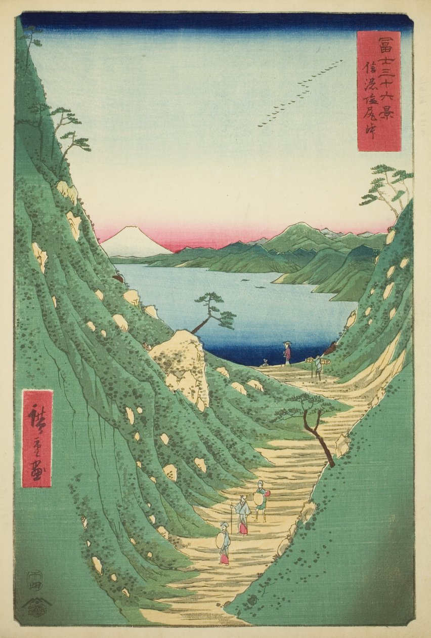 Shiojiri-Pass in der Provinz Shinano, aus der Serie "Sechsunddreißig Ansichten des Berges Fuji" von Utagawa Hiroshige