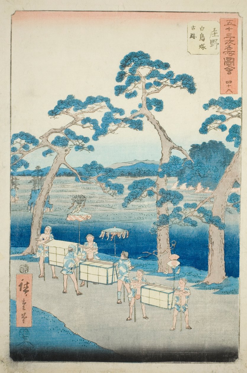 Shono: Antike Stätte des Shiratori-Hügels, Nr. 46 aus der Serie "Berühmte Ansichten der dreiundfünfzig Stationen" von Utagawa Hiroshige