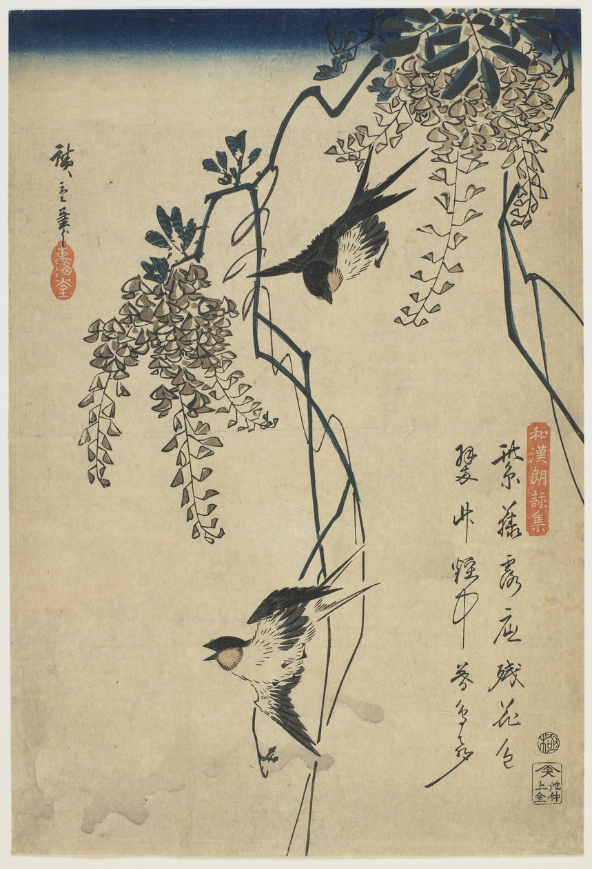 Schwalben fliegen durch Glyzinienranken, 1837-44 (Farbholzschnitt) von Utagawa Hiroshige