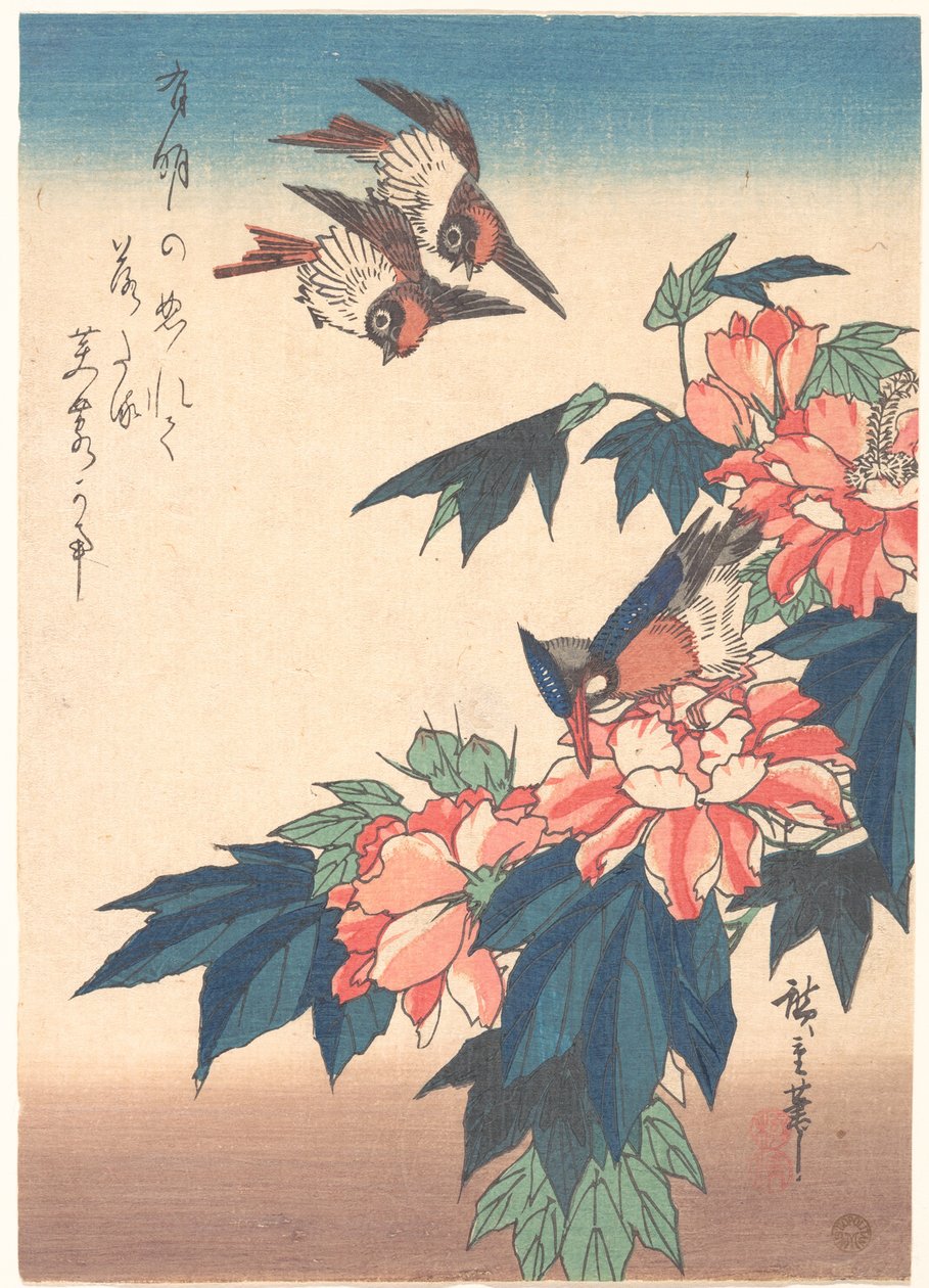 Schwalben und Eisvogel mit Hibiskus von Utagawa Hiroshige