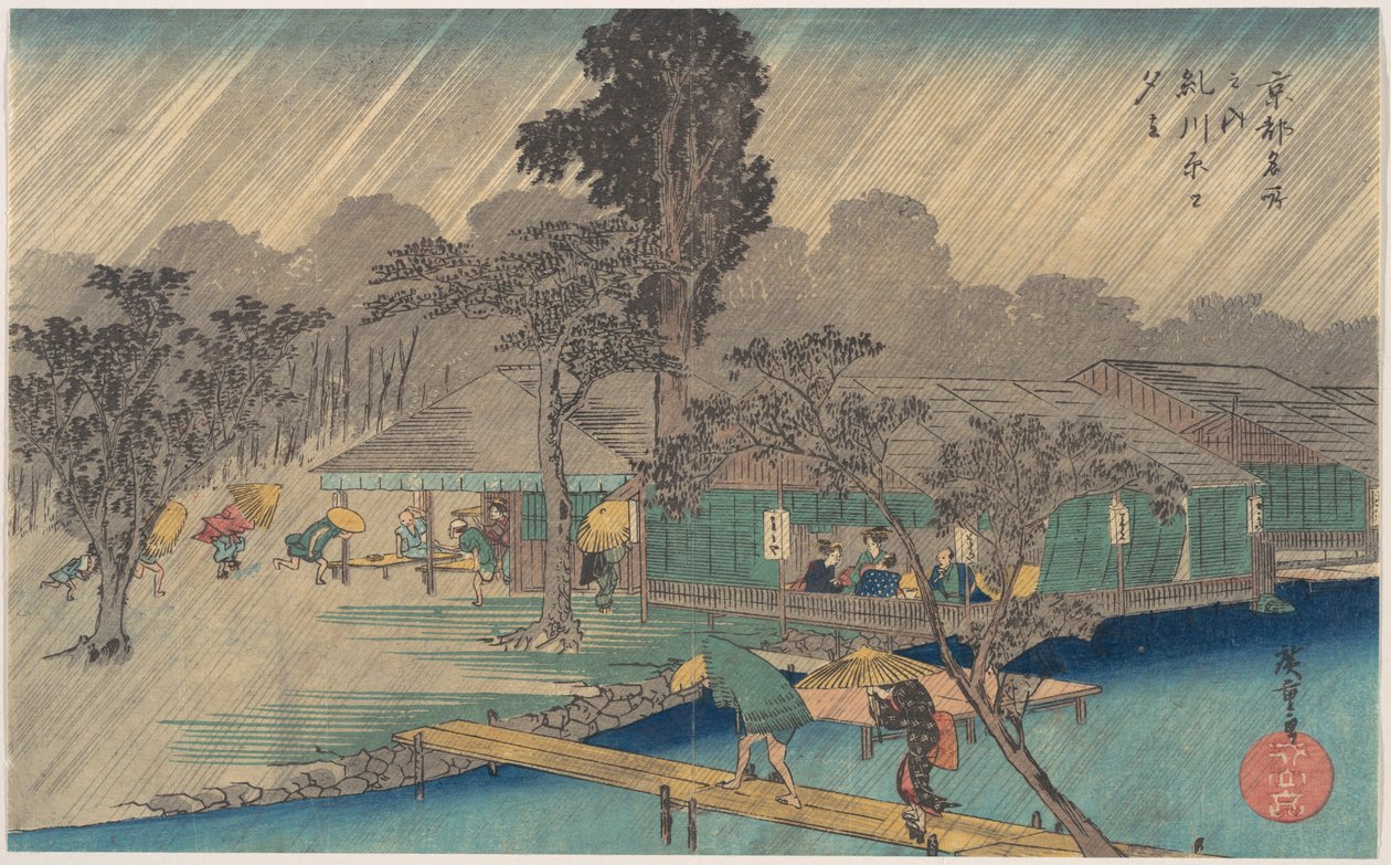 Teehäuser am Ufer des Tadasu-Flusses im Regen von Utagawa Hiroshige