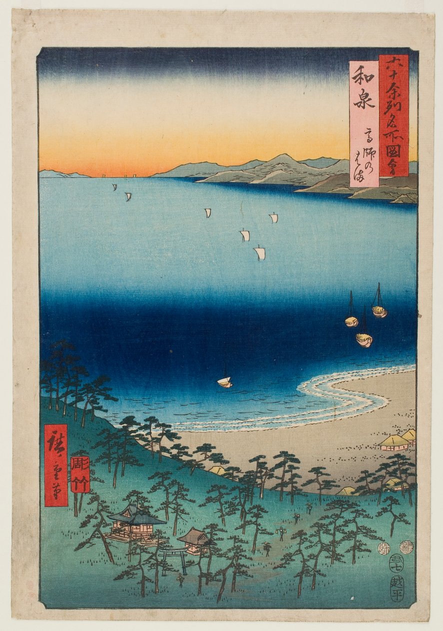 Der Strand von Takashi in der Provinz Izumi, aus der Serie „Berühmte Orte in den sechzig Provinzen“ von Utagawa Hiroshige