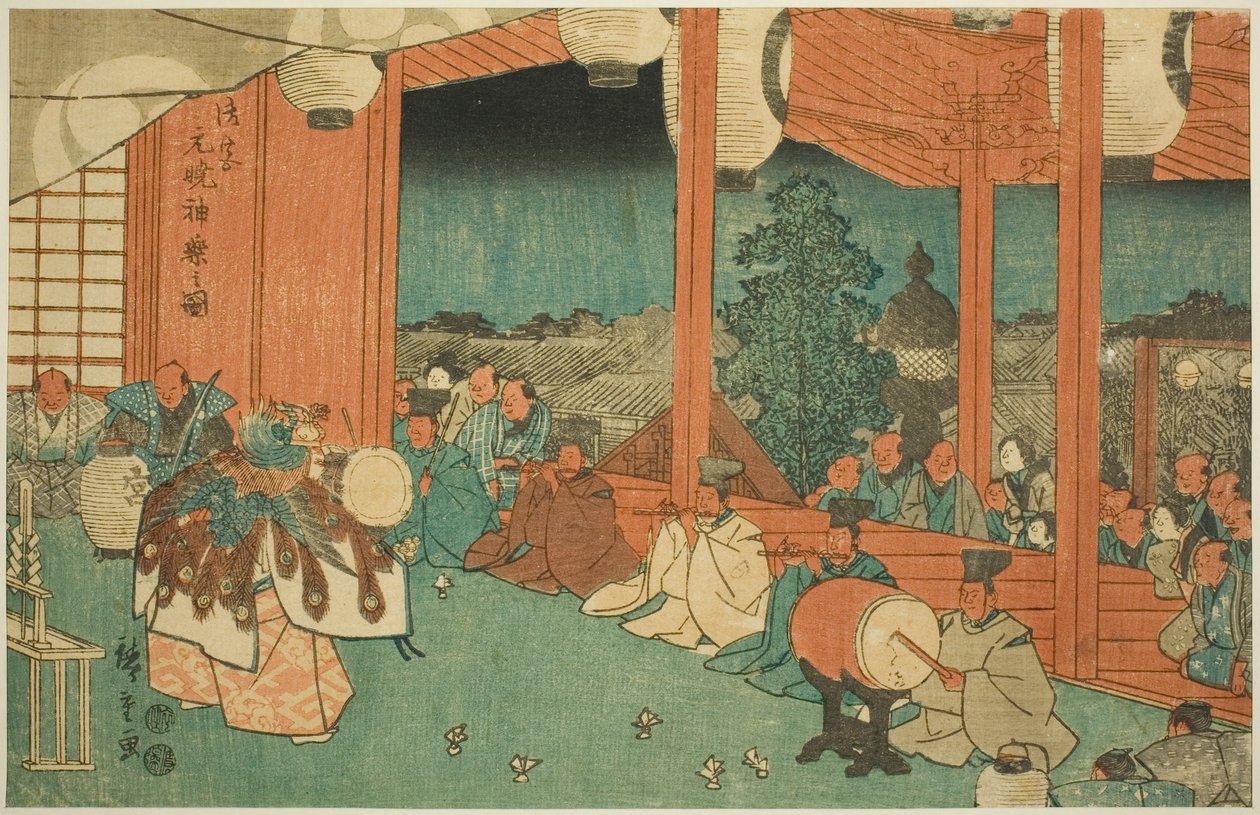 Der heilige Tanz am Shinmei-Schrein in Shiba bei Morgengrauen (Shiba Shinmei, Omiya gengyo kagura no zu), aus der Serie "Berühmte Orte in der östlichen Hauptstadt (Toto meisho)" von Utagawa Hiroshige