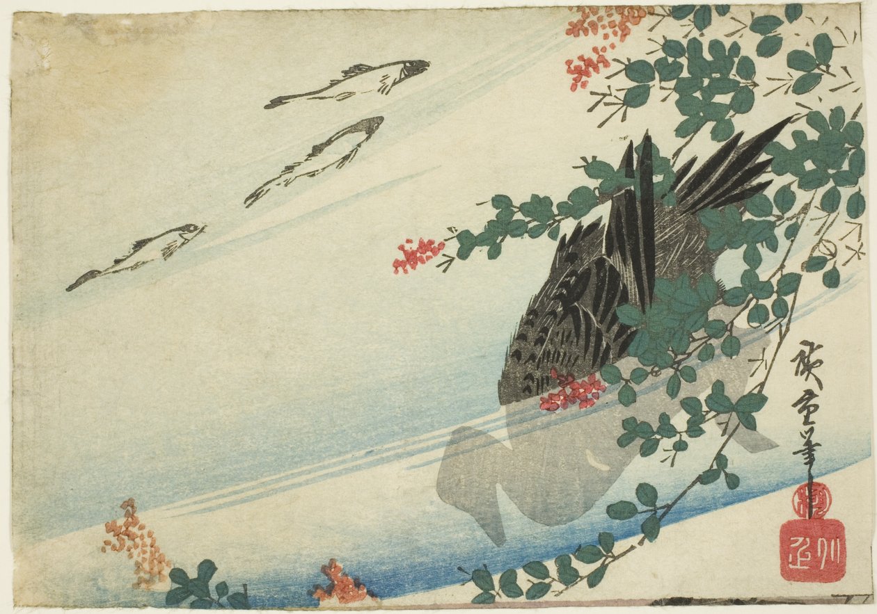 Forellen, Ente und Buschkleeblätter von Utagawa Hiroshige