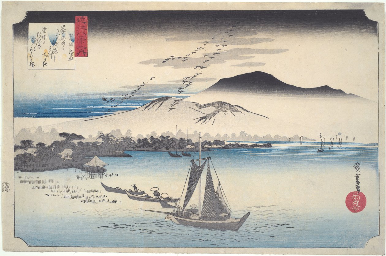 Wildgänse fliegen hinunter bei Katada, aus der Serie Acht Ansichten von Ōmi von Utagawa Hiroshige