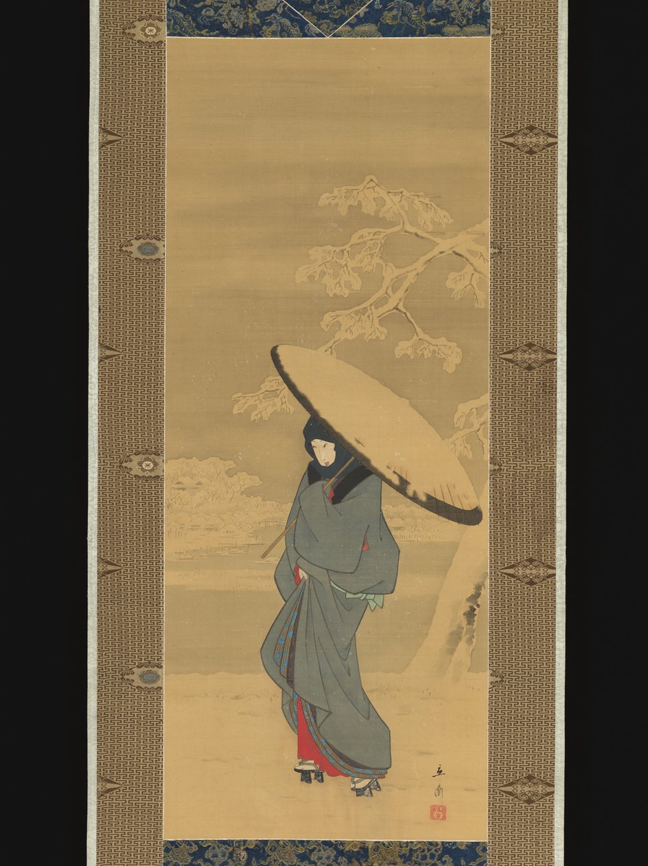 Frau, die im Schnee geht von Utagawa Hiroshige