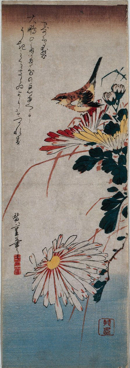 Zaunkönig und Chrysanthemen von Utagawa Hiroshige