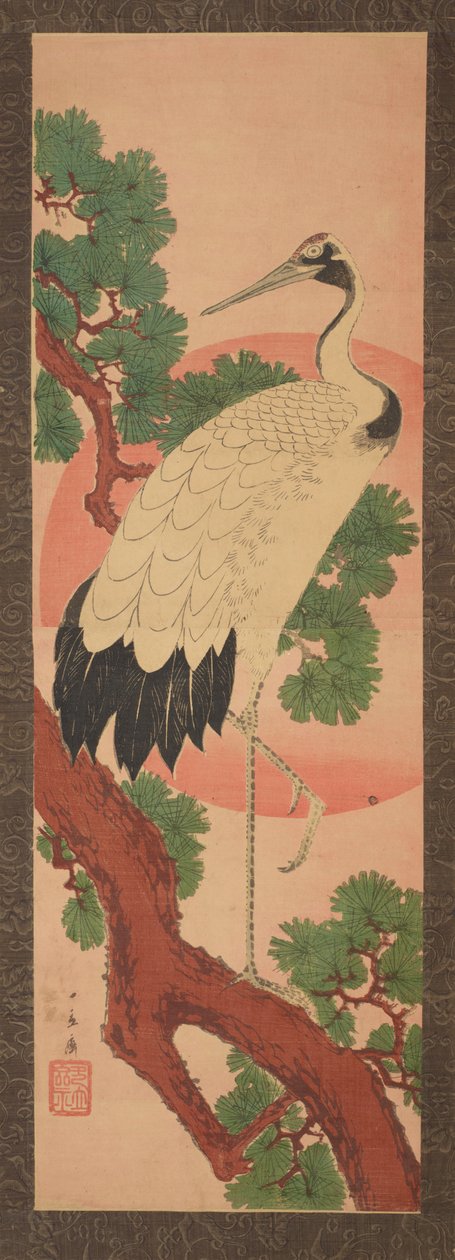 Kranich auf einem Kiefernzweig vor der Sonnenscheibe von Utagawa Hiroshige