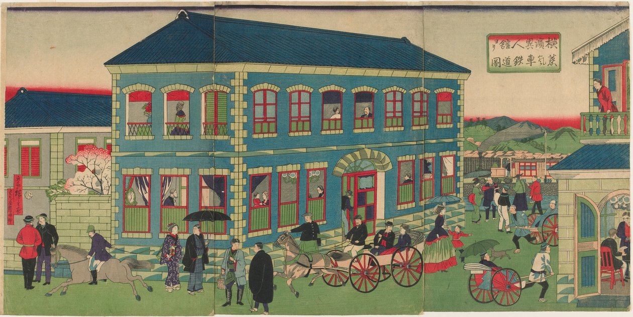 Bild des Dampfzugs von den ausländischen Niederlassungen in Yokohama, Meiji-Ära von Utagawa Hiroshige III