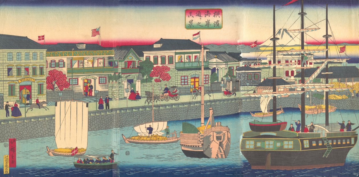 Blick auf die Uferpromenade in Yokohama Yokohama Kagandori no fukei von Utagawa Hiroshige III