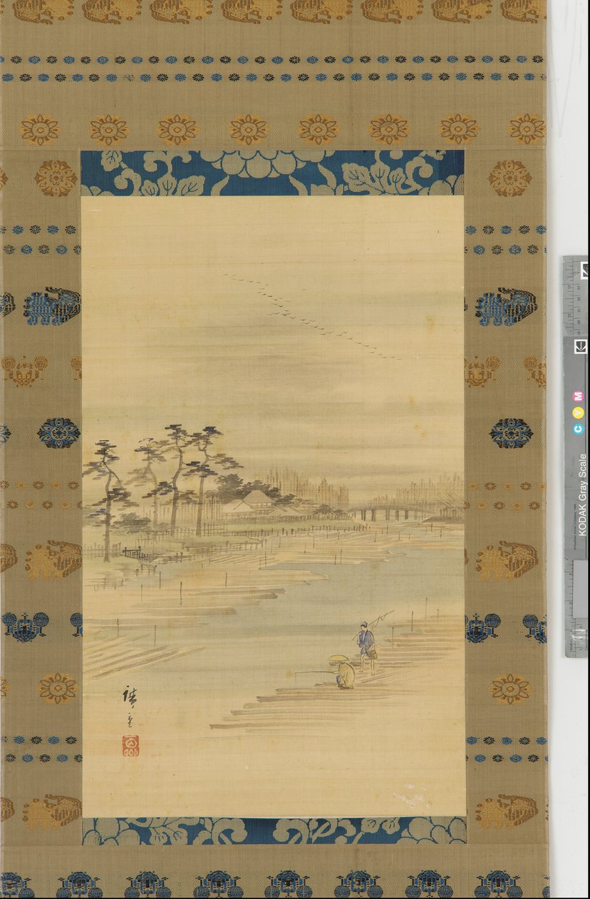 Flusslandschaft: Holzlager und Flöße, Mitte 19. Jahrhundert von Utagawa Hiroshige II