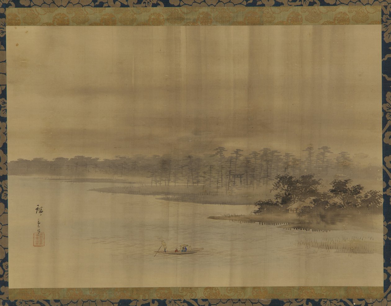 Flusslandschaft und Tempel im Regen von Utagawa Hiroshige II