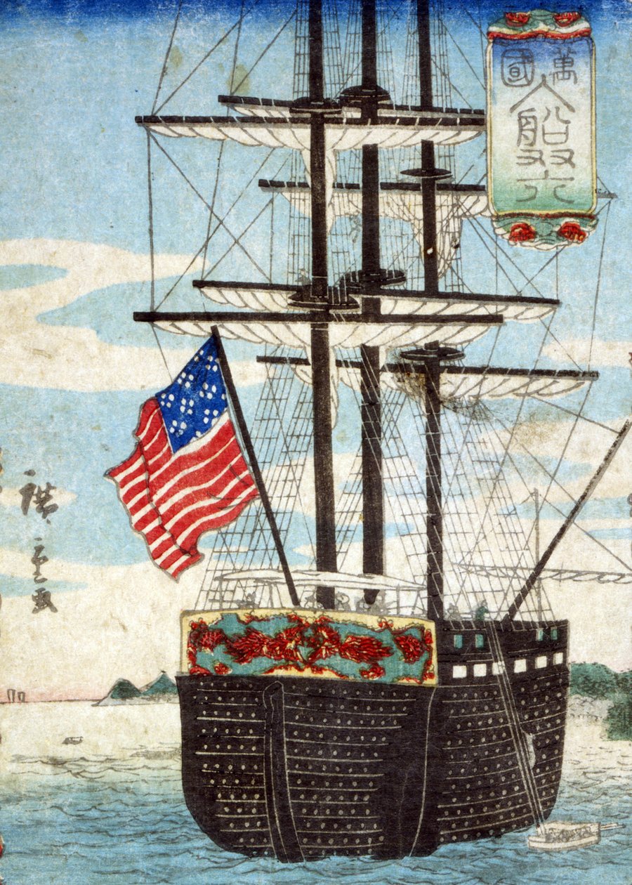 Ausländische Schiffe im Hafen, (Bankoku nyusen sugoroku), 1860 von Utagawa II Hiroshige