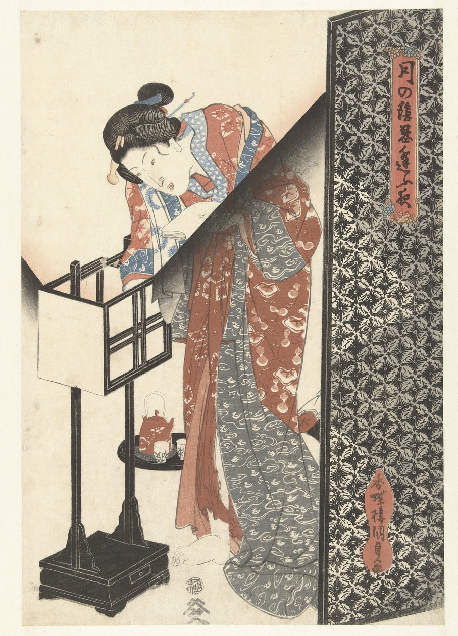 Frau bei Lampe Geheime nächtliche Verabredungen bei Mondlicht (Serientitel) von Utagawa Kunisada (I)