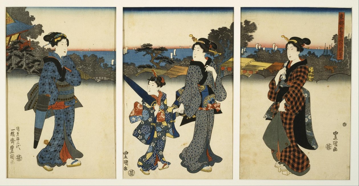 Kurtisanen bei einem Spaziergang am Meer von Utagawa Kunisada