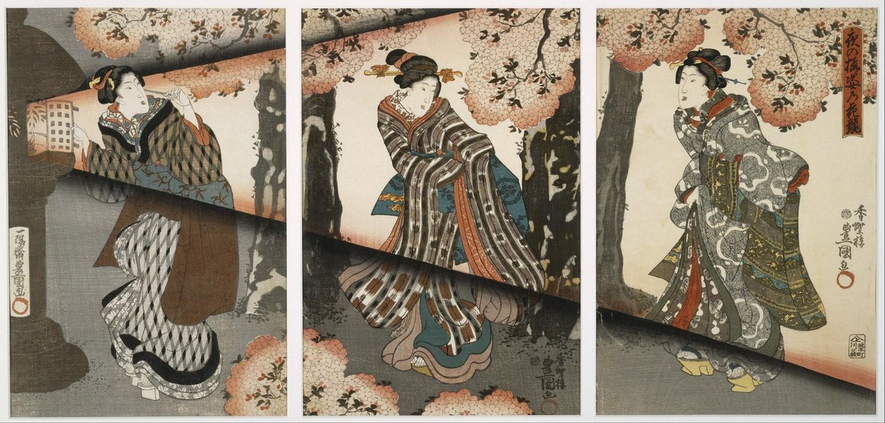 Nachtszene mit Mädchen und Laternen von Utagawa Kunisada