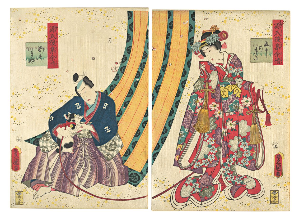 Parodie der dritten Prinzessin und Kashiwagi: „Kapitel 50: Eine Hütte im Osten“, 1858, zweiter Monat von Utagawa Kunisada