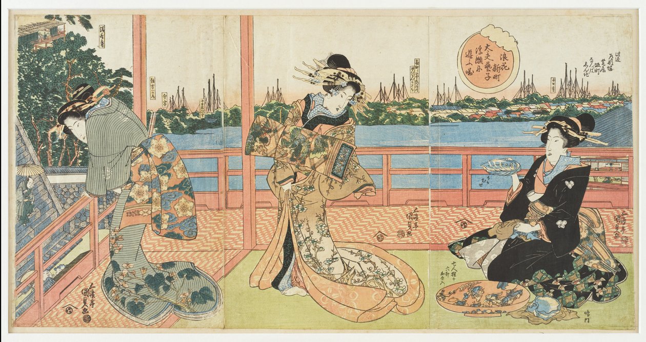 Shinmachi in Osaka: Hochrangige Kurtisanen vergnügen sich im Restaurant Ukamuse aus der Serie „Berühmte Restaurants in den Provinzen“ von Utagawa Kunisada