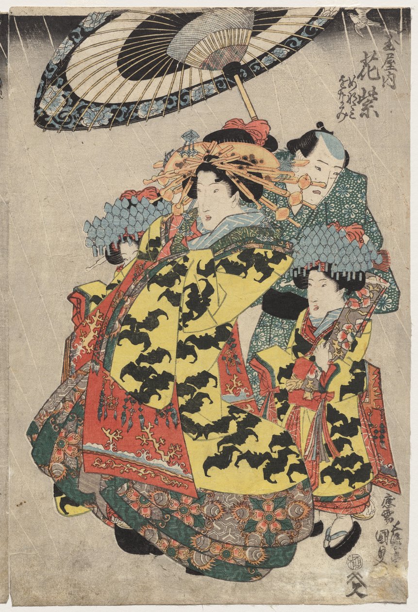 Die Kurtisanen Hanamurasaki und Koshikibu vom Tamaya spazieren im Regen von Utagawa Kunisada