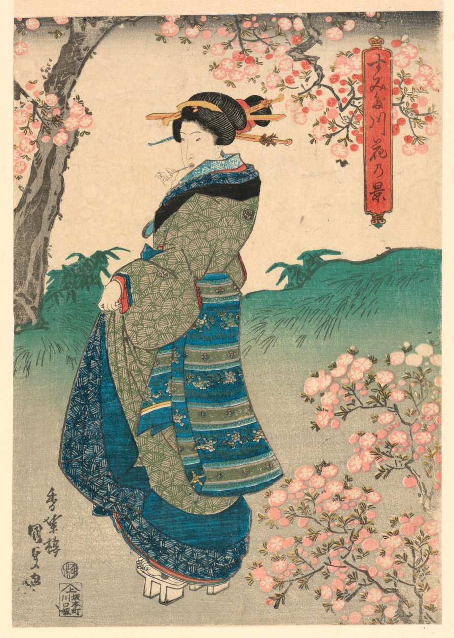 Frau betrachtet Kirschblüten am Ufer des Sumida-Flusses (Sumidagawa hana no kei) von Utagawa Kunisada
