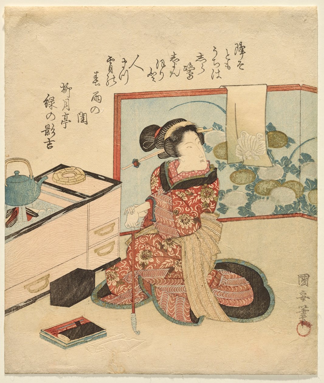Frau wartet, an Rohr gelehnt von Utagawa Kuniyasu