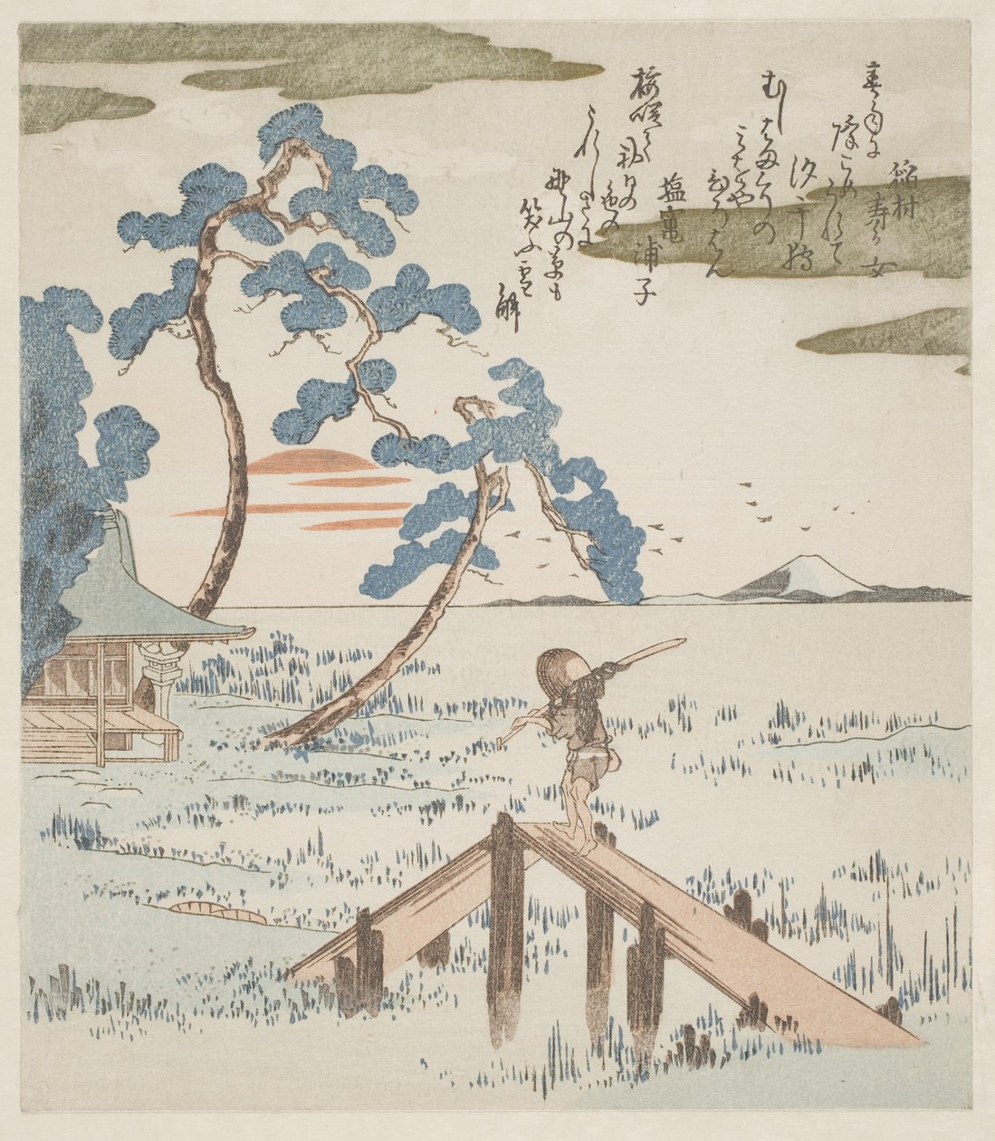 Ein Bauer überquert eine Fußbrücke von Utagawa Kuniyoshi