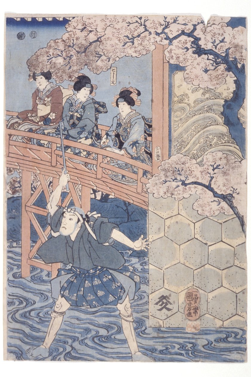 Bandō Hikosaburō IV als Ashikaga Yoshimasa und Ichikawa Kodanji IV als Asakura Tōgo aus dem Kabuki-Stück Higashiyama Sakura Sōshi von Utagawa Kuniyoshi