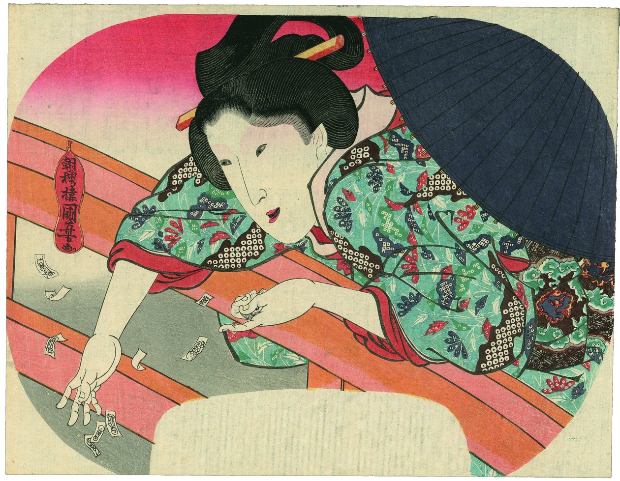 Eine Schöne wirft Jizō-Gebetszettel in den Sumida, um die Geister der Ertrunkenen zu besänftigen von Utagawa Kuniyoshi