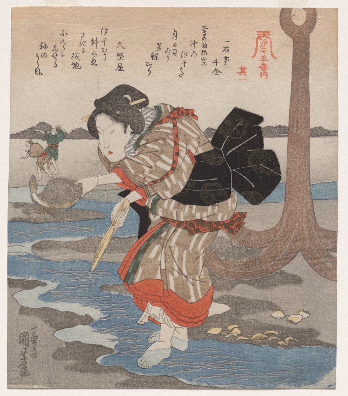 Frau neben einem Anker; aus der Serie Fünf Bilder von Ebbe von Utagawa Kuniyoshi
