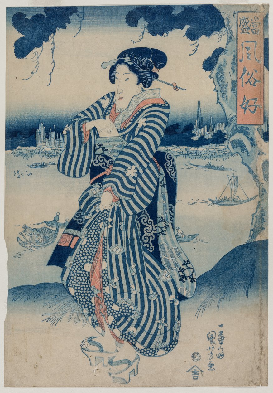Geisha am Ufer des Sumida-Flusses stehend..., frühe 1830er von Utagawa Kuniyoshi