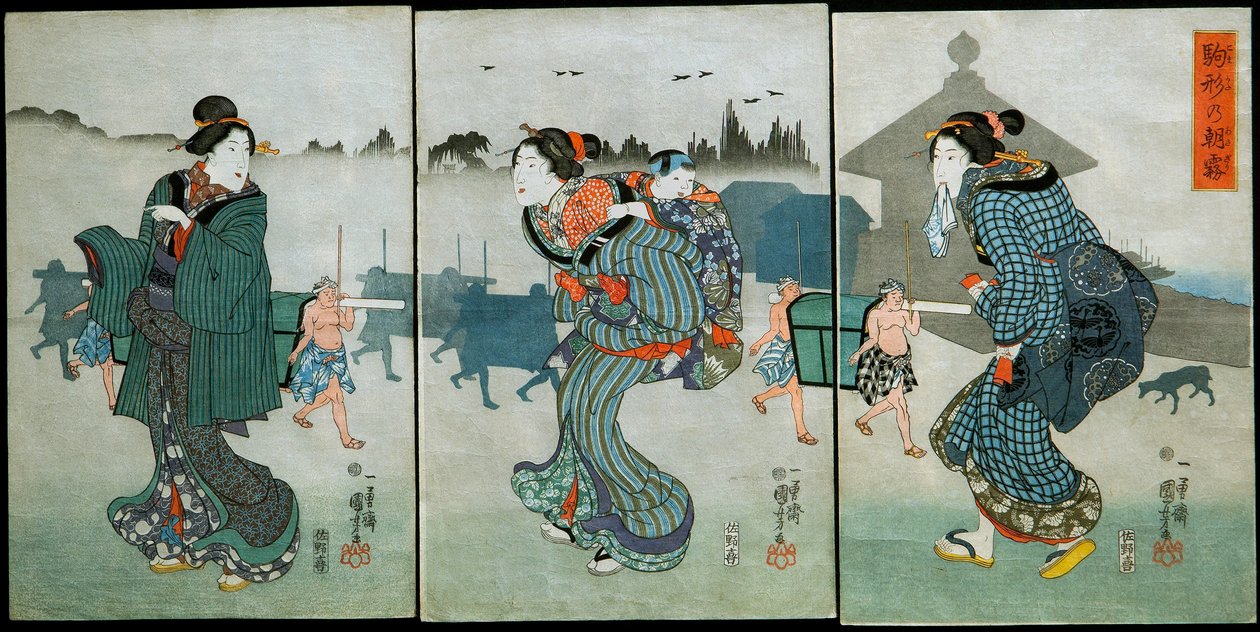 Morgennebel in Komagata (Komagata no asagiri): Vergnügungen der vier Jahreszeiten (Shiki yūkan), ca. 1846 von Utagawa Kuniyoshi